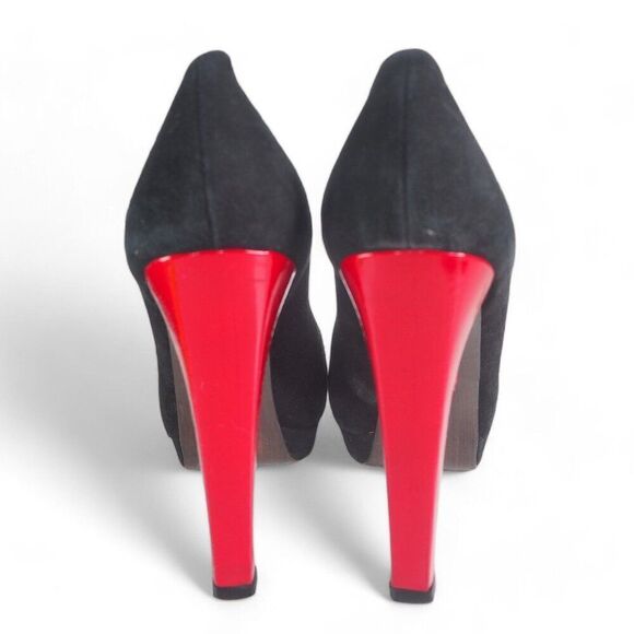 Stuart Weitzman Suede Peep Toe Heels Black / Red Women's 9N (Narrow) - Picture 5 of 12